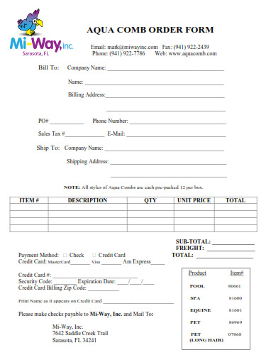 Aaqua Comb Retailers Order Form